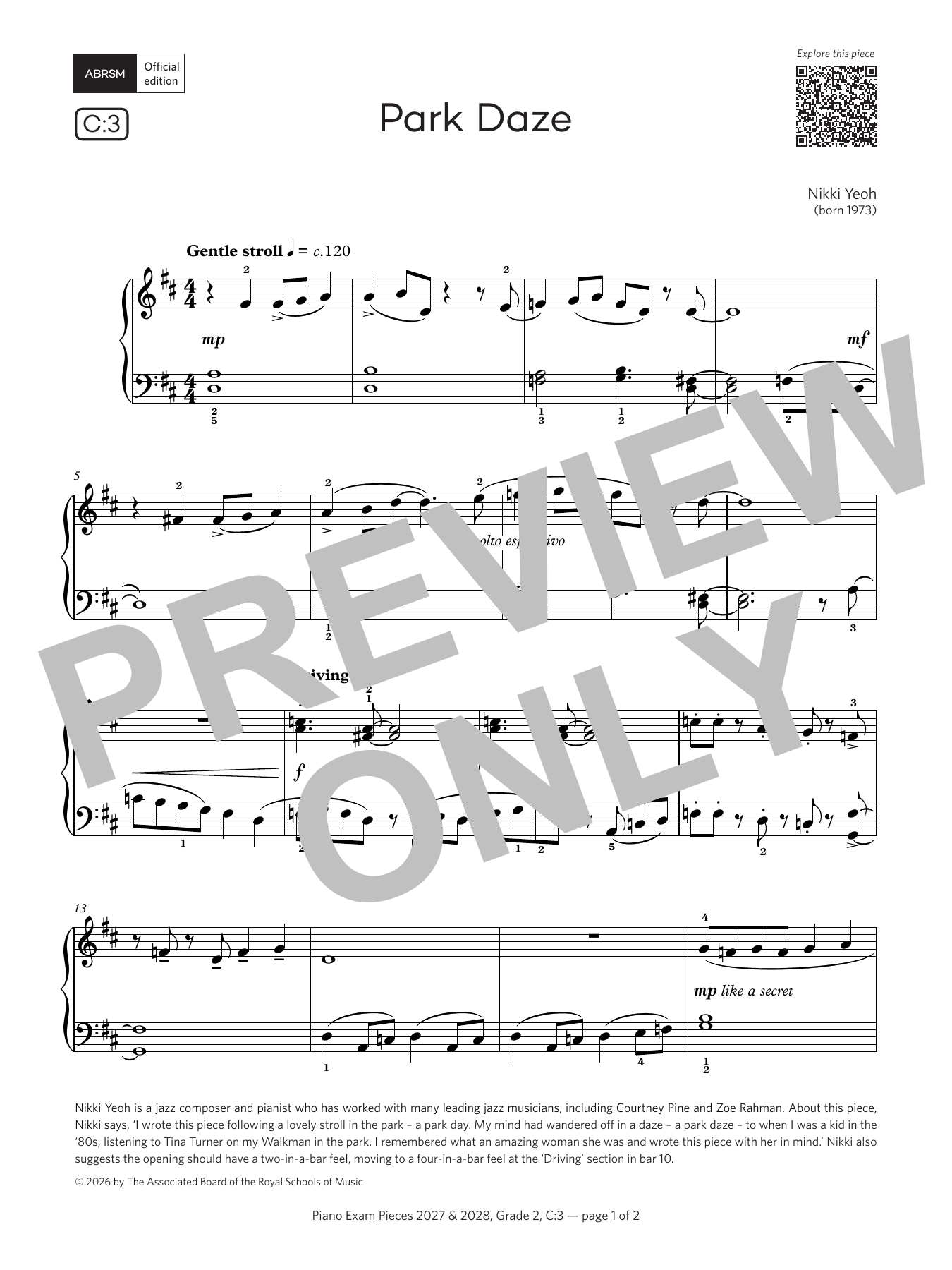 Nikki Yeoh Park Daze (Grade 2, list C3, from the ABRSM Piano Syllabus 2027 & 2028) Sheet Music Notes & Chords for Piano Solo - Download or Print PDF