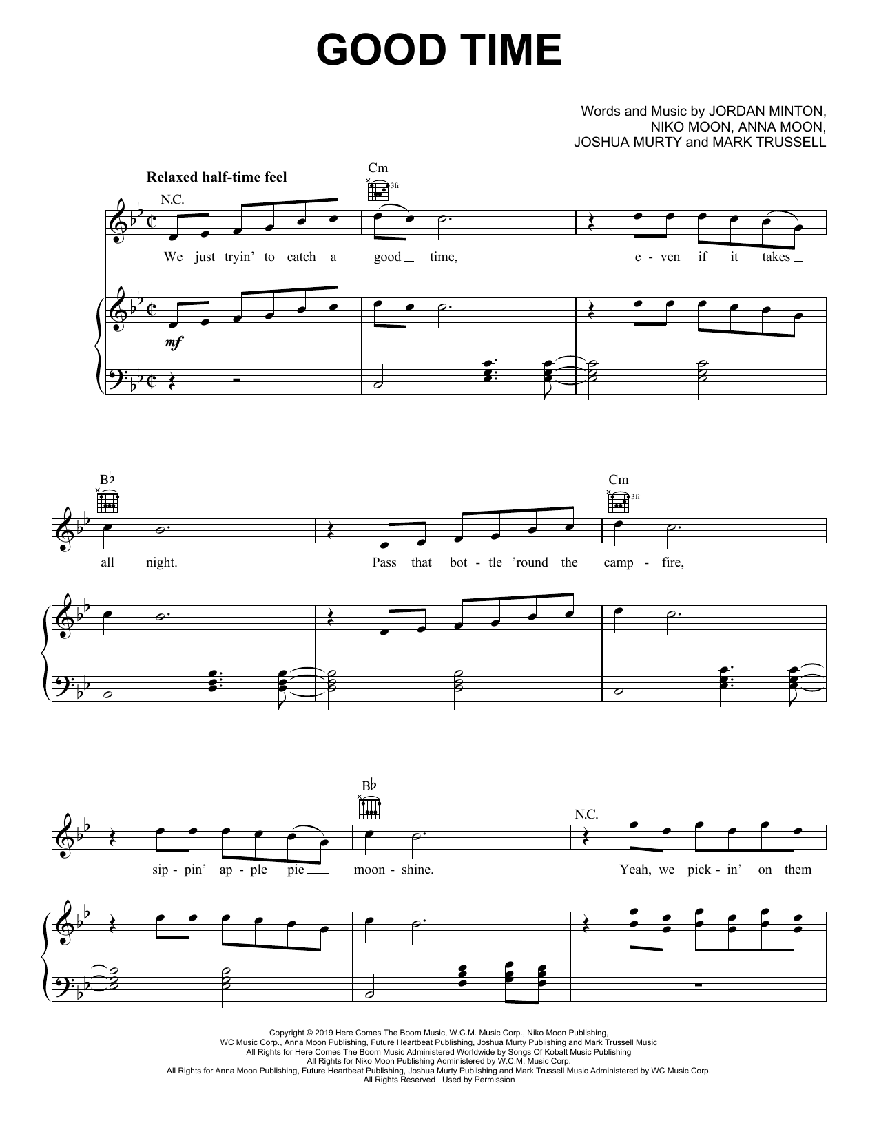 Niko Moon Good Time Sheet Music Notes & Chords for Piano, Vocal & Guitar (Right-Hand Melody) - Download or Print PDF