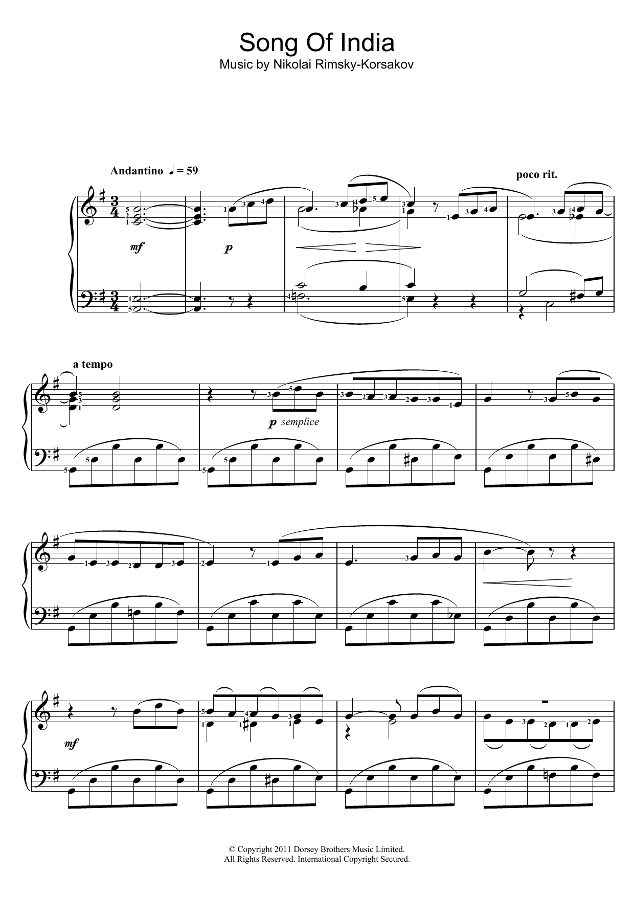 Nikolai Rimsky-Korsakov Song Of India Sheet Music Notes & Chords for Piano Solo - Download or Print PDF