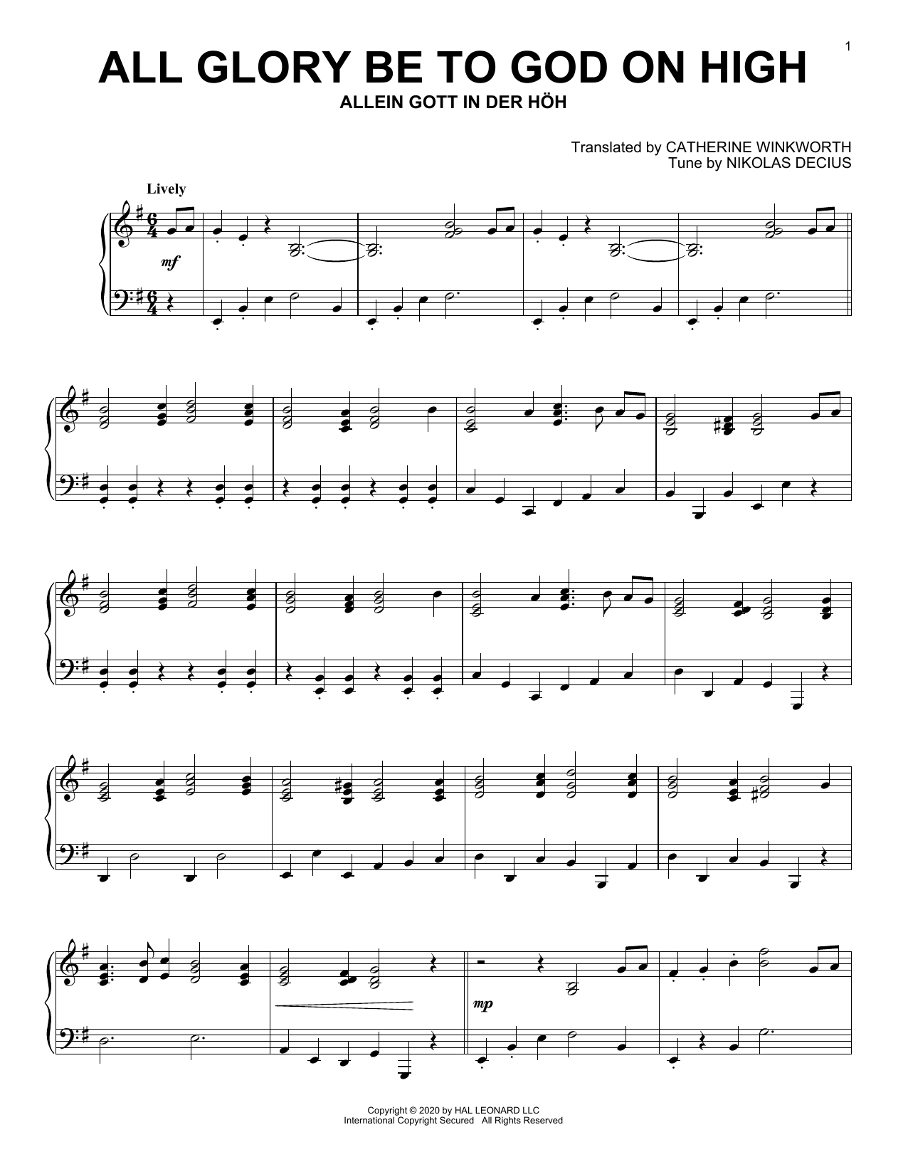 Nikolas Decius All Glory Be To God On High Sheet Music Notes & Chords for Piano Solo - Download or Print PDF