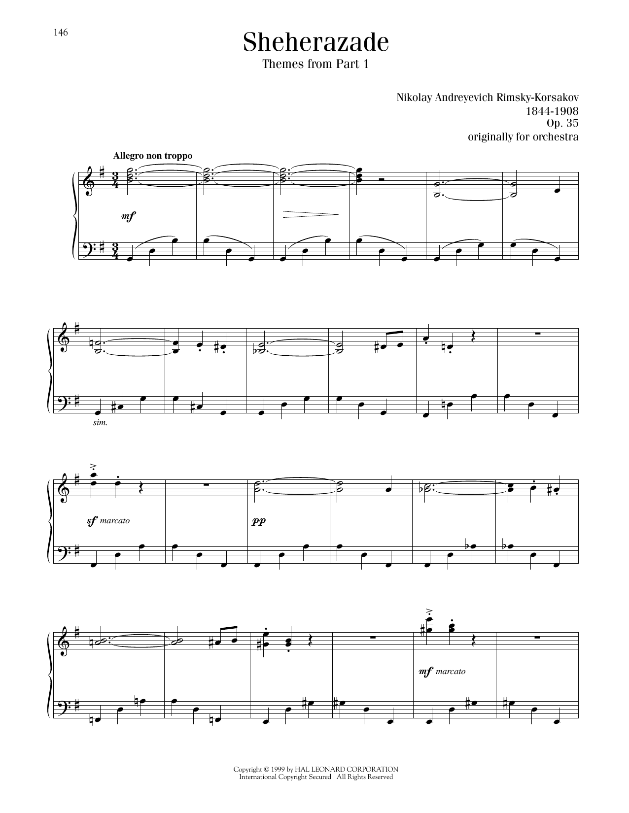 Nikolay A. Rimsky-Korsakov Sheherazade, Themes from Part 1 Sheet Music Notes & Chords for Piano Solo - Download or Print PDF