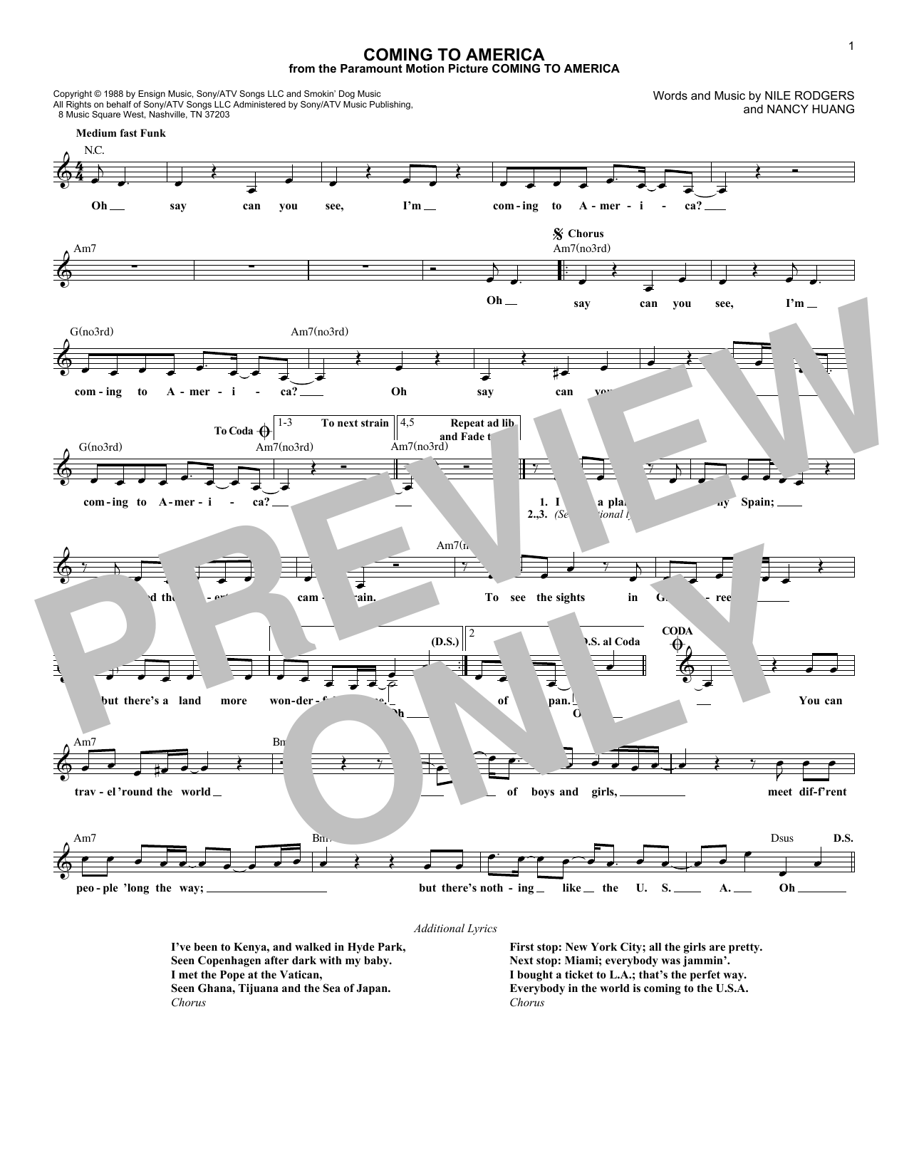 Nile Rodgers Coming To America Sheet Music Notes & Chords for Melody Line, Lyrics & Chords - Download or Print PDF