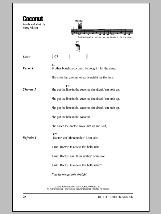 Nilsson Coconut Sheet Music Notes & Chords for Ukulele with strumming patterns - Download or Print PDF