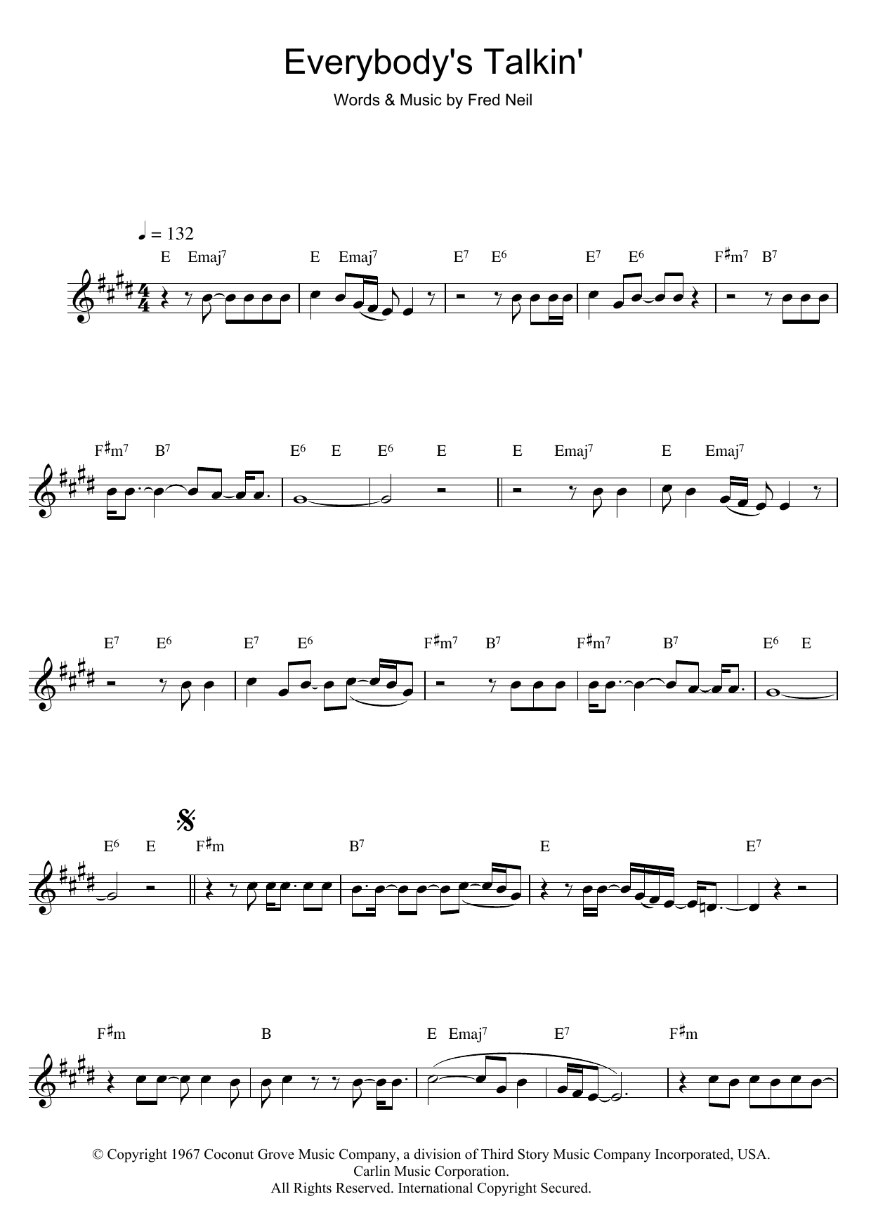 Nilsson Everybody's Talkin' Sheet Music Notes & Chords for Saxophone - Download or Print PDF