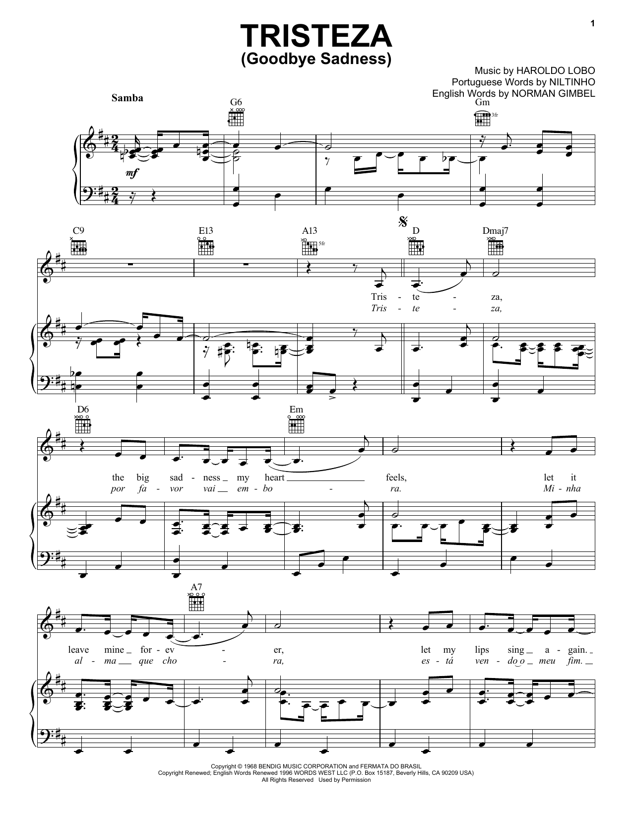 Niltinho Tristeza (Goodbye Sadness) Sheet Music Notes & Chords for Piano, Vocal & Guitar (Right-Hand Melody) - Download or Print PDF