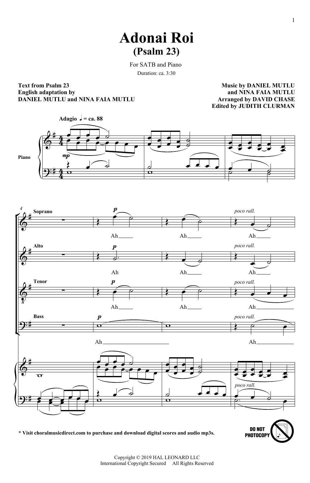 Nina Faia Mutlu and Daniel Mutlu Adonai Roi (Psalm 23) (Rejoice: Honoring the Jewish Spirit) (arr. David Chase) Sheet Music Notes & Chords for SATB Choir - Download or Print PDF