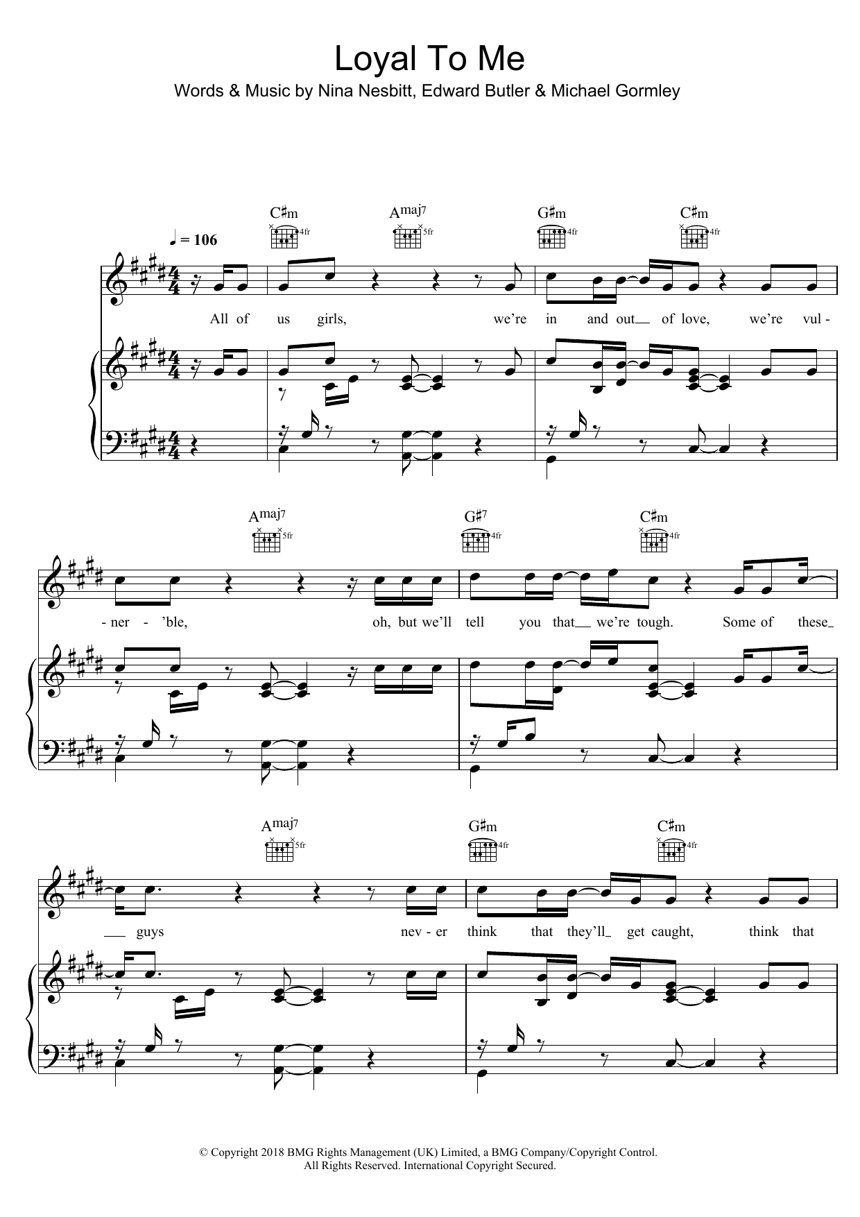 Nina Nesbitt Loyal To Me Sheet Music Notes & Chords for Piano, Vocal & Guitar (Right-Hand Melody) - Download or Print PDF