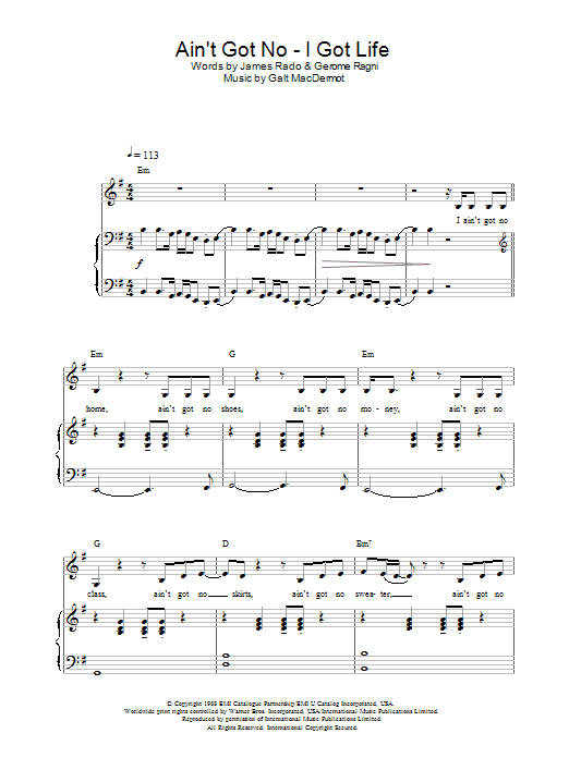 Nina Simone Ain't Got No - I Got Life Sheet Music Notes & Chords for Piano, Vocal & Guitar - Download or Print PDF