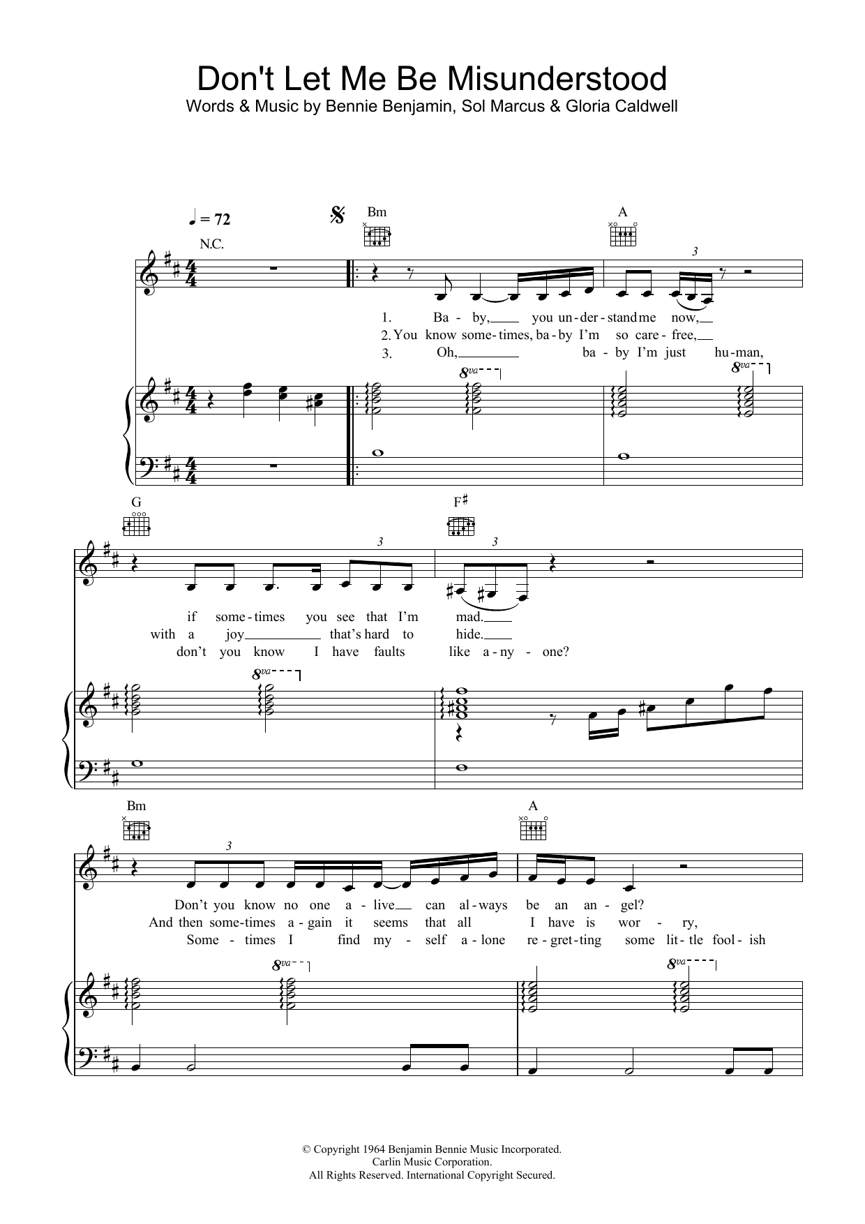 Nina Simone Don't Let Me Be Misunderstood Sheet Music Notes & Chords for Piano, Vocal & Guitar - Download or Print PDF