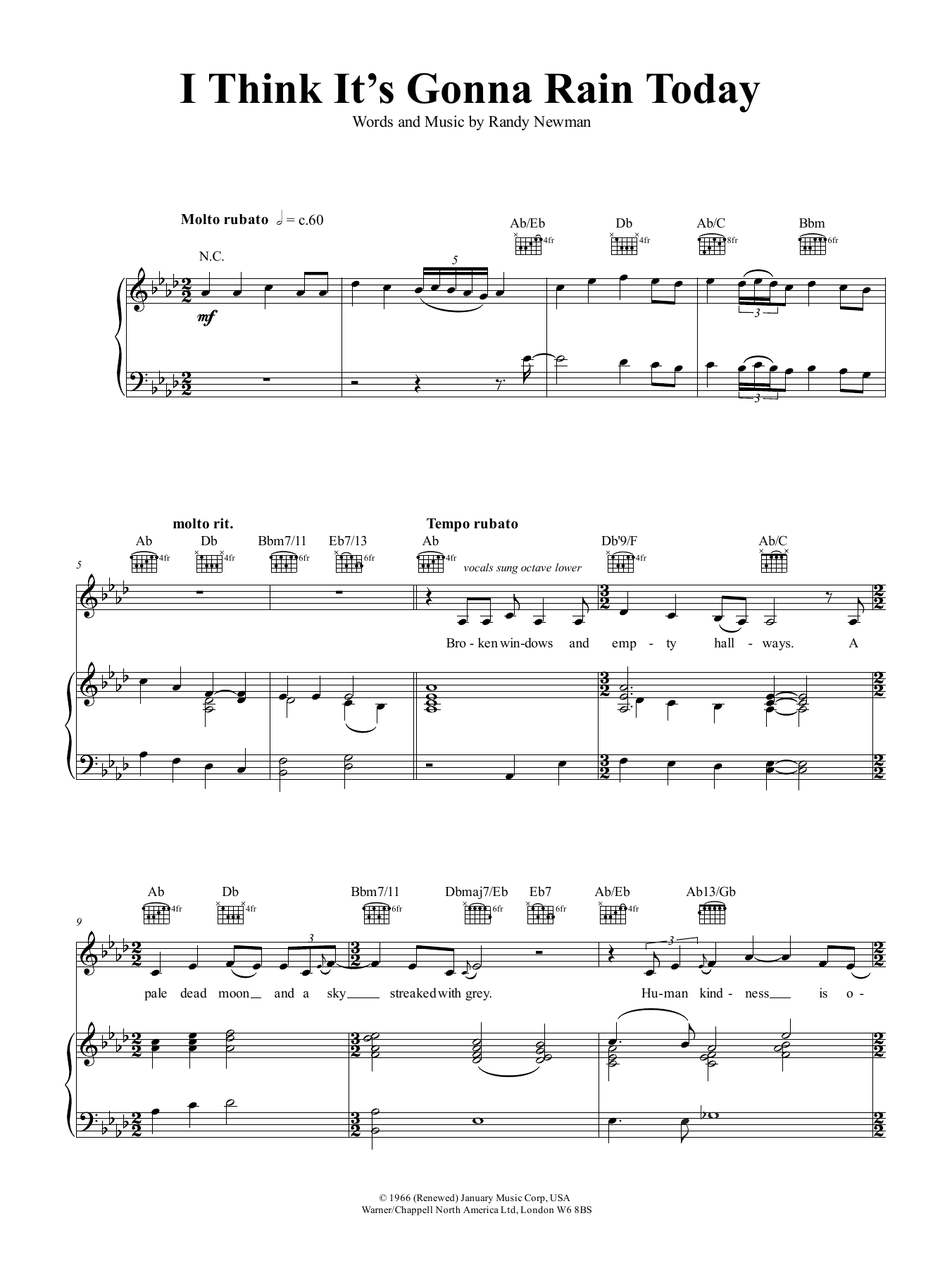 Nina Simone I Think It's Going To Rain Today Sheet Music Notes & Chords for Piano, Vocal & Guitar (Right-Hand Melody) - Download or Print PDF