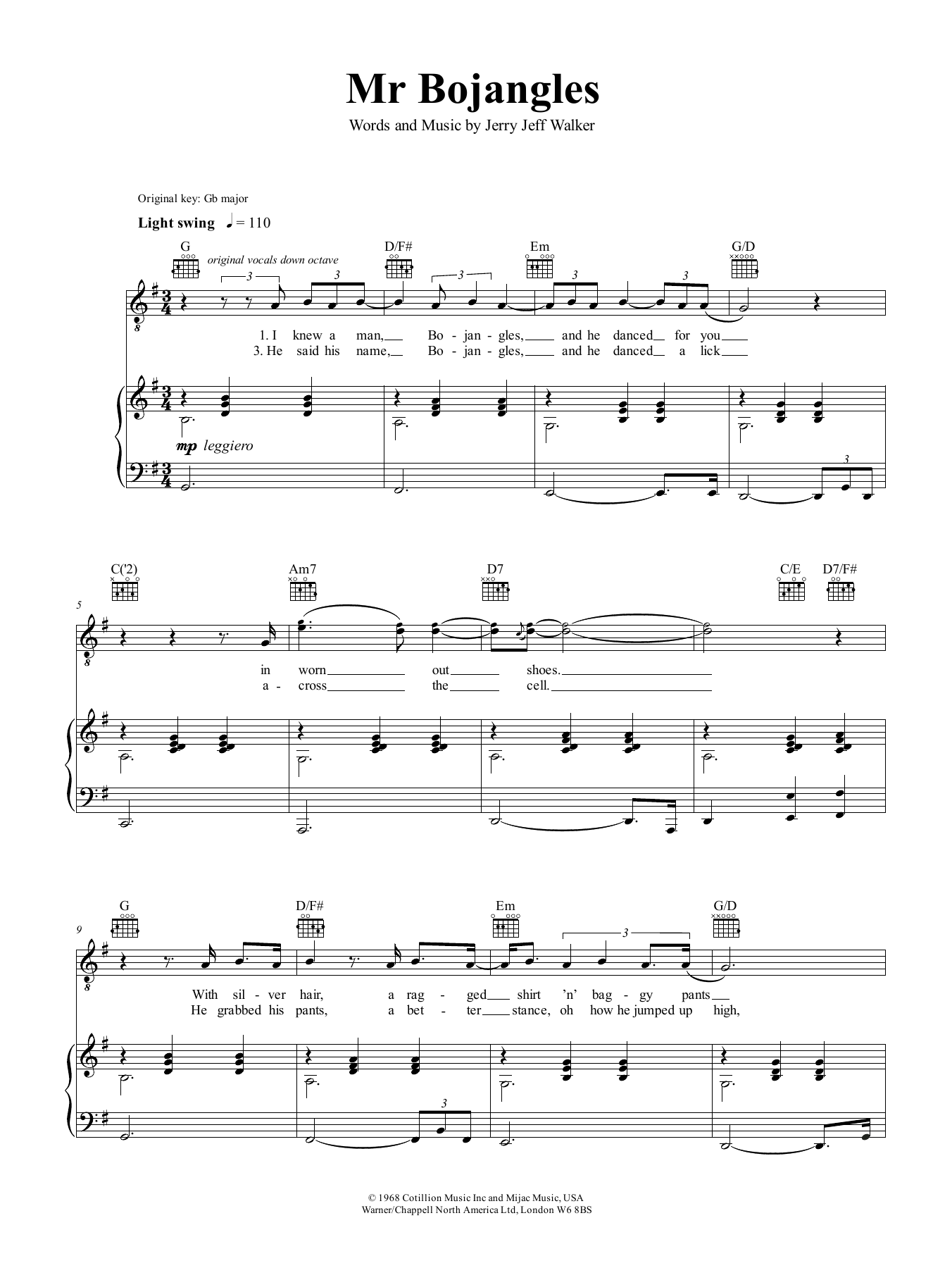 Nina Simone Mr Bojangles Sheet Music Notes & Chords for Piano, Vocal & Guitar (Right-Hand Melody) - Download or Print PDF
