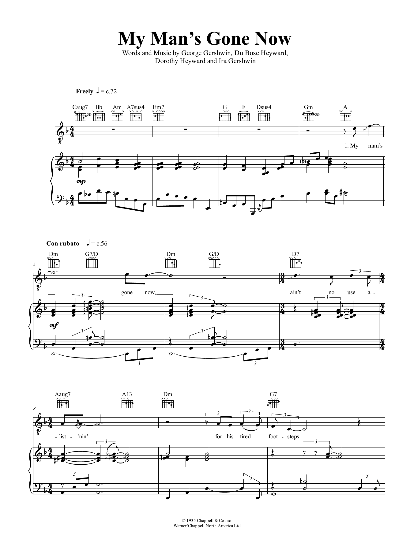 Nina Simone My Man's Gone Now Sheet Music Notes & Chords for Piano, Vocal & Guitar (Right-Hand Melody) - Download or Print PDF