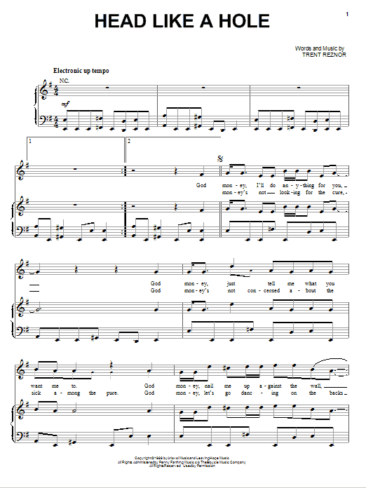 Nine Inch Nails Head Like A Hole Sheet Music Notes & Chords for Piano, Vocal & Guitar (Right-Hand Melody) - Download or Print PDF