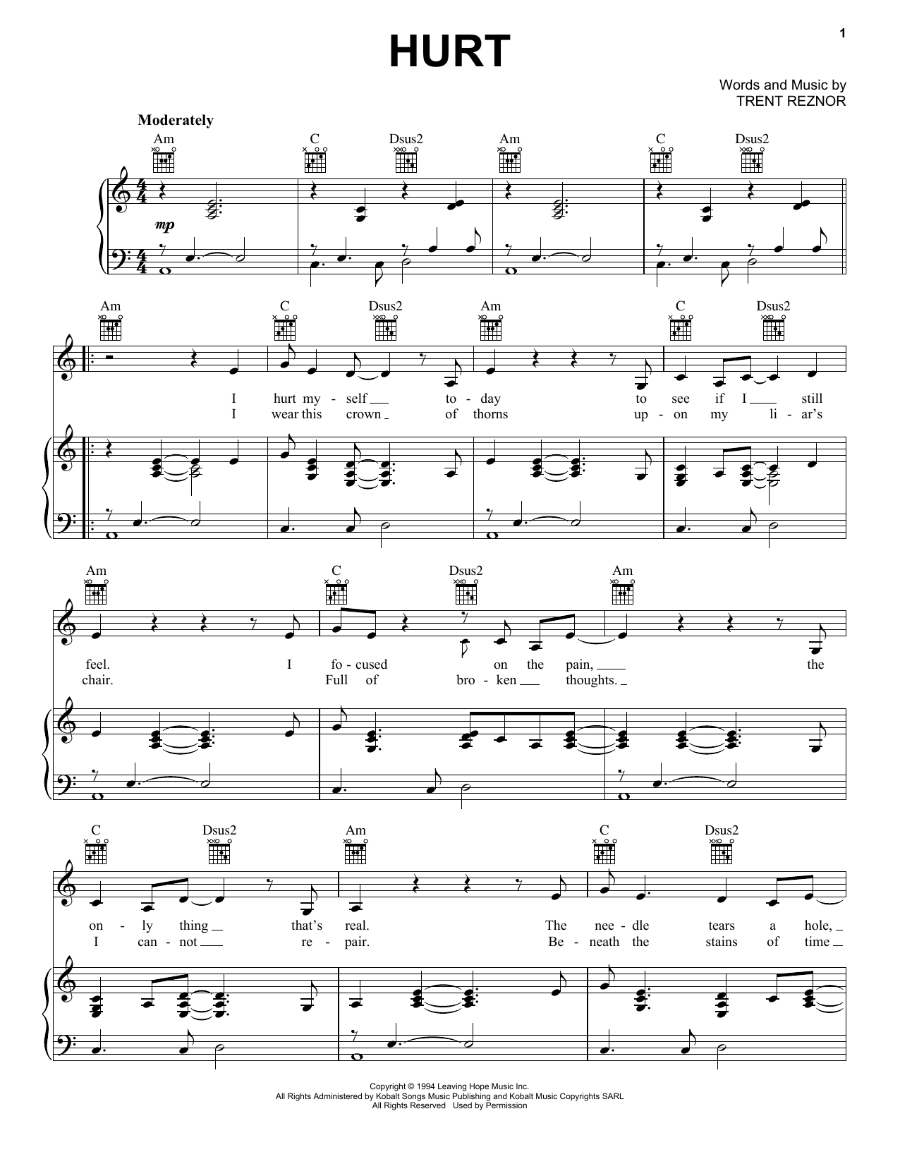 Nine Inch Nails Hurt (Quiet) Sheet Music Notes & Chords for Piano, Vocal & Guitar (Right-Hand Melody) - Download or Print PDF