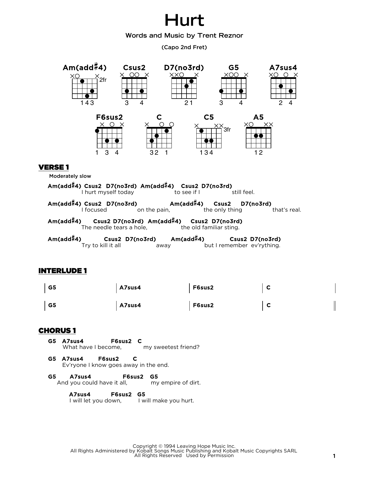 Nine Inch Nails Hurt Sheet Music Notes & Chords for Lyrics & Chords - Download or Print PDF