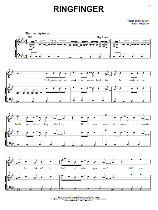 Nine Inch Nails Ringfinger Sheet Music Notes & Chords for Piano, Vocal & Guitar (Right-Hand Melody) - Download or Print PDF