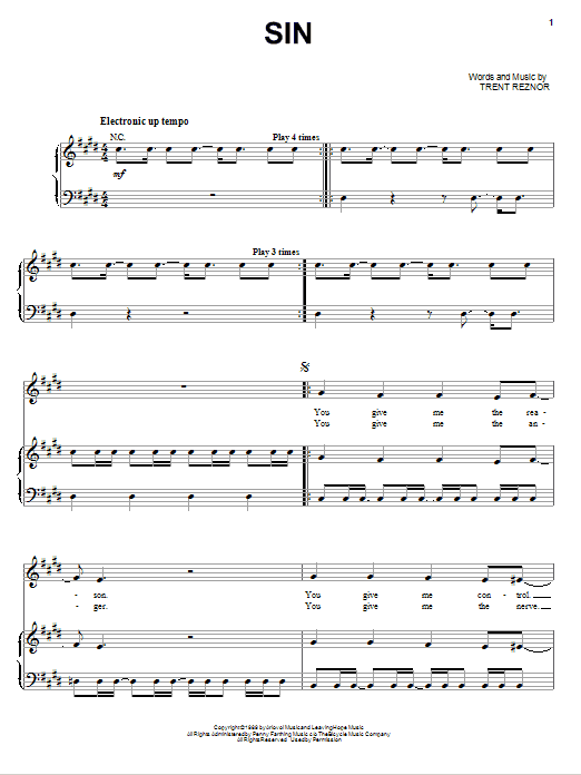 Nine Inch Nails Sin Sheet Music Notes & Chords for Piano, Vocal & Guitar (Right-Hand Melody) - Download or Print PDF