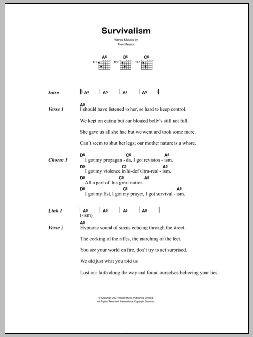 Nine Inch Nails Survivalism Sheet Music Notes & Chords for Lyrics & Chords - Download or Print PDF