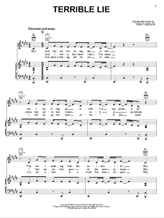 Nine Inch Nails Terrible Lie Sheet Music Notes & Chords for Piano, Vocal & Guitar (Right-Hand Melody) - Download or Print PDF