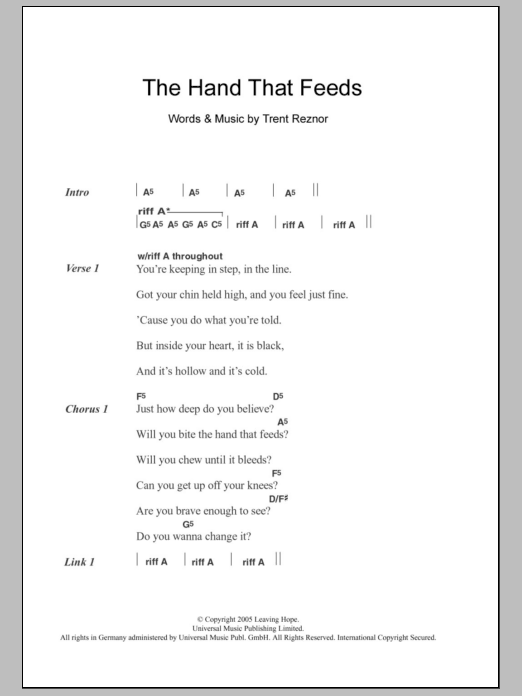 Nine Inch Nails The Hand That Feeds Sheet Music Notes & Chords for Guitar Chords/Lyrics - Download or Print PDF