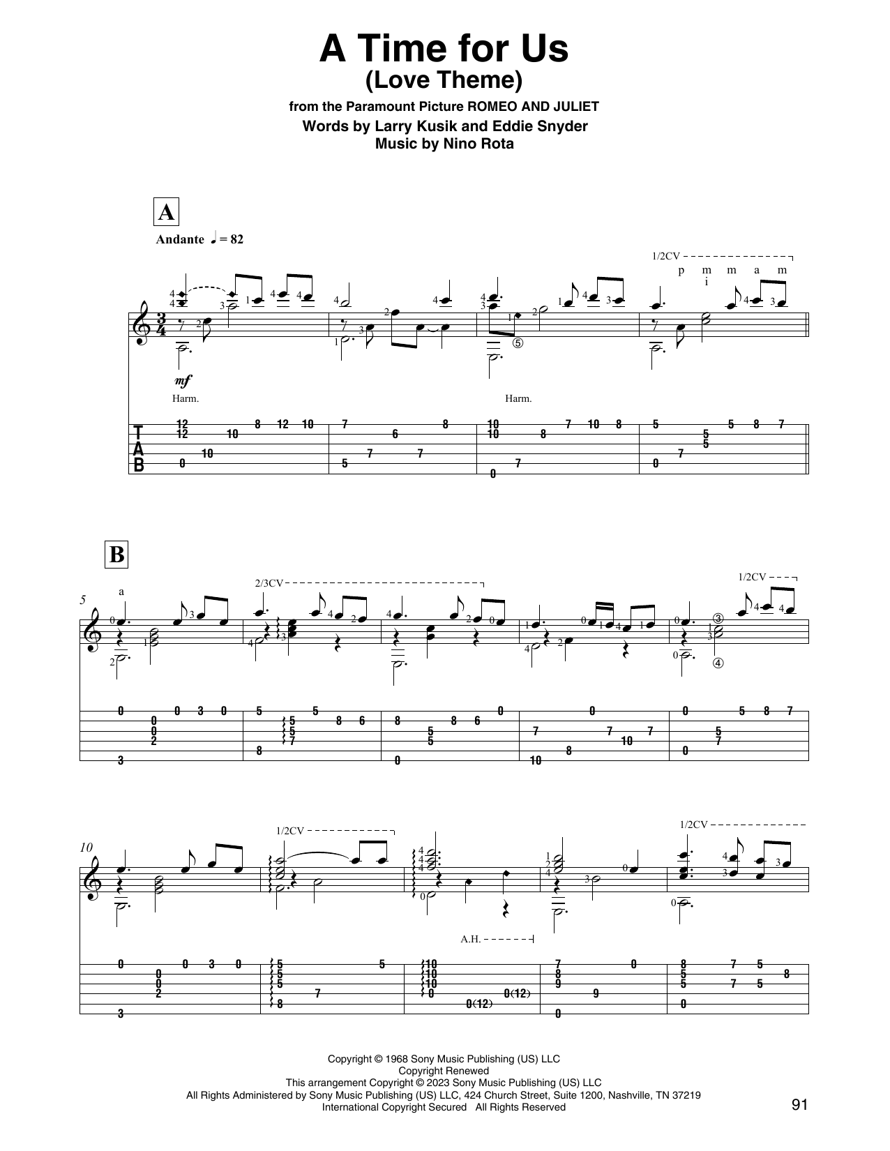Nino Rota A Time For Us (Love Theme) (arr. David Jaggs) Sheet Music Notes & Chords for Solo Guitar - Download or Print PDF