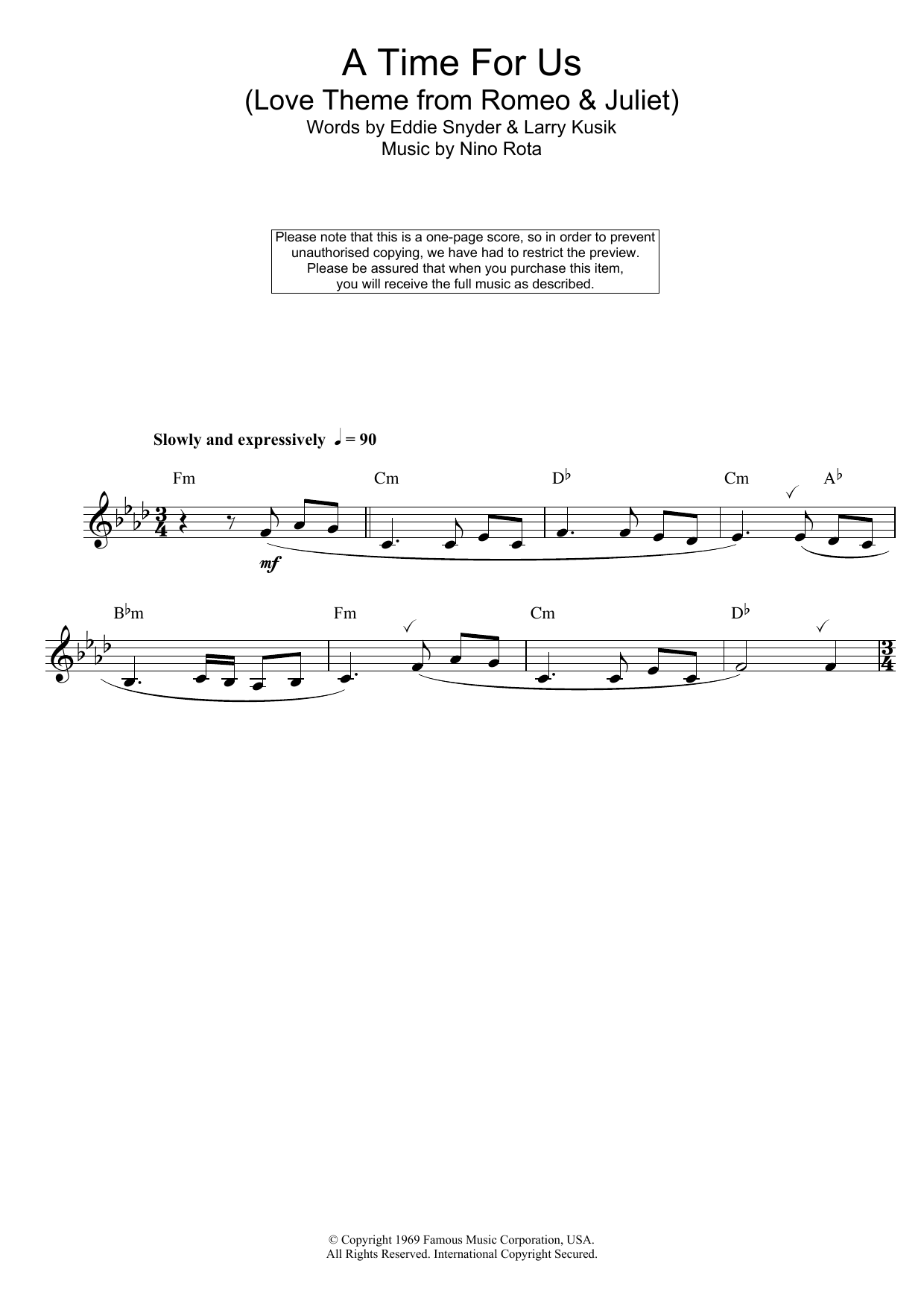 Nino Rota A Time For Us (Love Theme from Romeo and Juliet) Sheet Music Notes & Chords for Alto Saxophone - Download or Print PDF
