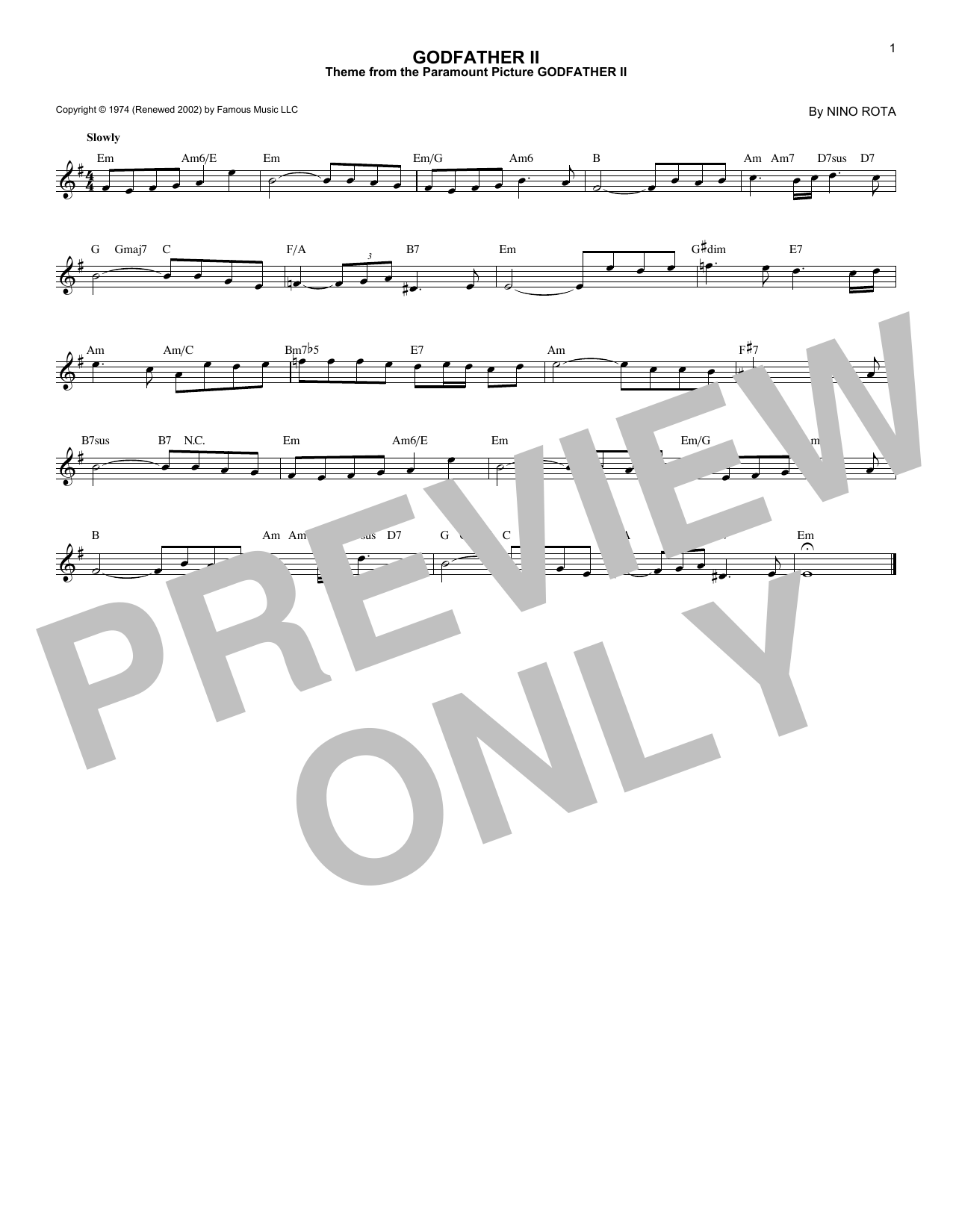 Nino Rota Godfather II Sheet Music Notes & Chords for Melody Line, Lyrics & Chords - Download or Print PDF