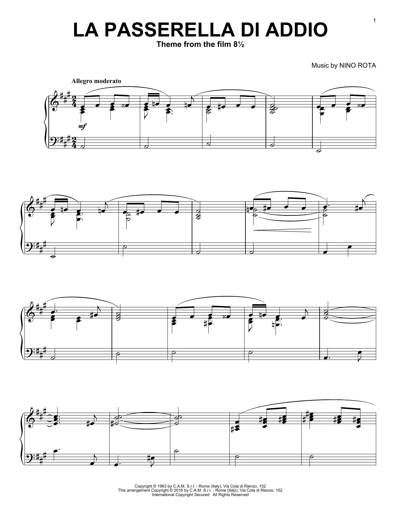 Nino Rota La Passerella Di Addio Sheet Music Notes & Chords for Piano - Download or Print PDF