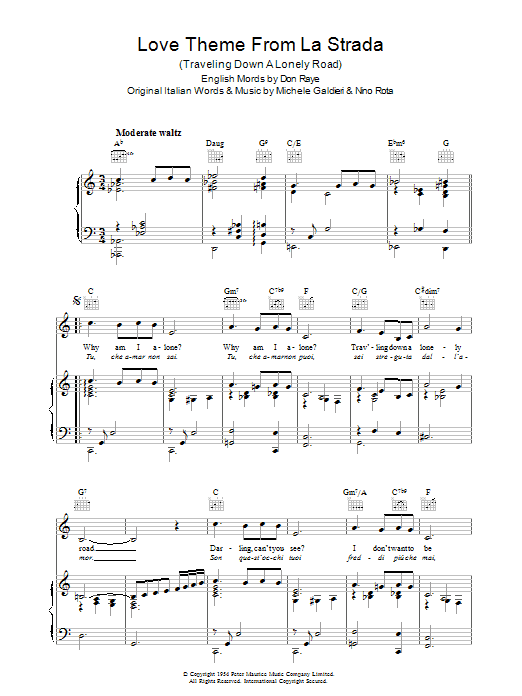 Nino Rota Love Theme (from La Strada) Sheet Music Notes & Chords for Piano, Vocal & Guitar (Right-Hand Melody) - Download or Print PDF