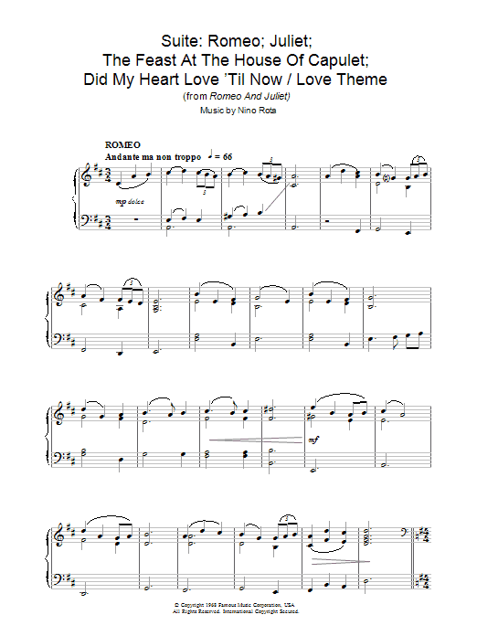 Nino Rota Suite: Romeo; Juliet; The Feast At The House Of Capulet; Did My Heart Love 'Til Now / A Time For Us (Love Theme from Romeo And Juliet) Sheet Music Notes & Chords for Piano - Download or Print PDF Nino Rota Suite: Romeo; Juliet; The Feast At The House Of Capulet; Did My Heart Love 'Til Now / A Time For Us (Love Theme from Romeo And Juliet) Sheet Music Notes & Chords for Piano - Download or Print PDF