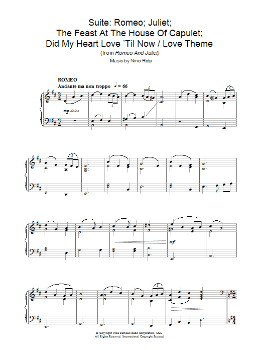 Nino Rota Suite: Romeo; Juliet; The Feast At The House Of Capulet; Did My Heart Love 'Til Now / A Time For Us (Love Theme from Romeo And Juliet) Sheet Music Notes & Chords for Piano - Download or Print PDF