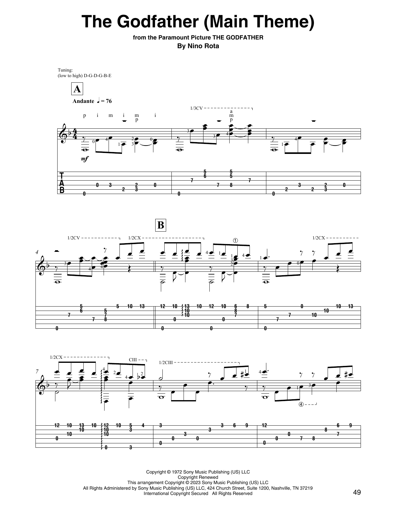 Nino Rota The Godfather (Main Theme) Sheet Music Notes & Chords for Solo Guitar - Download or Print PDF