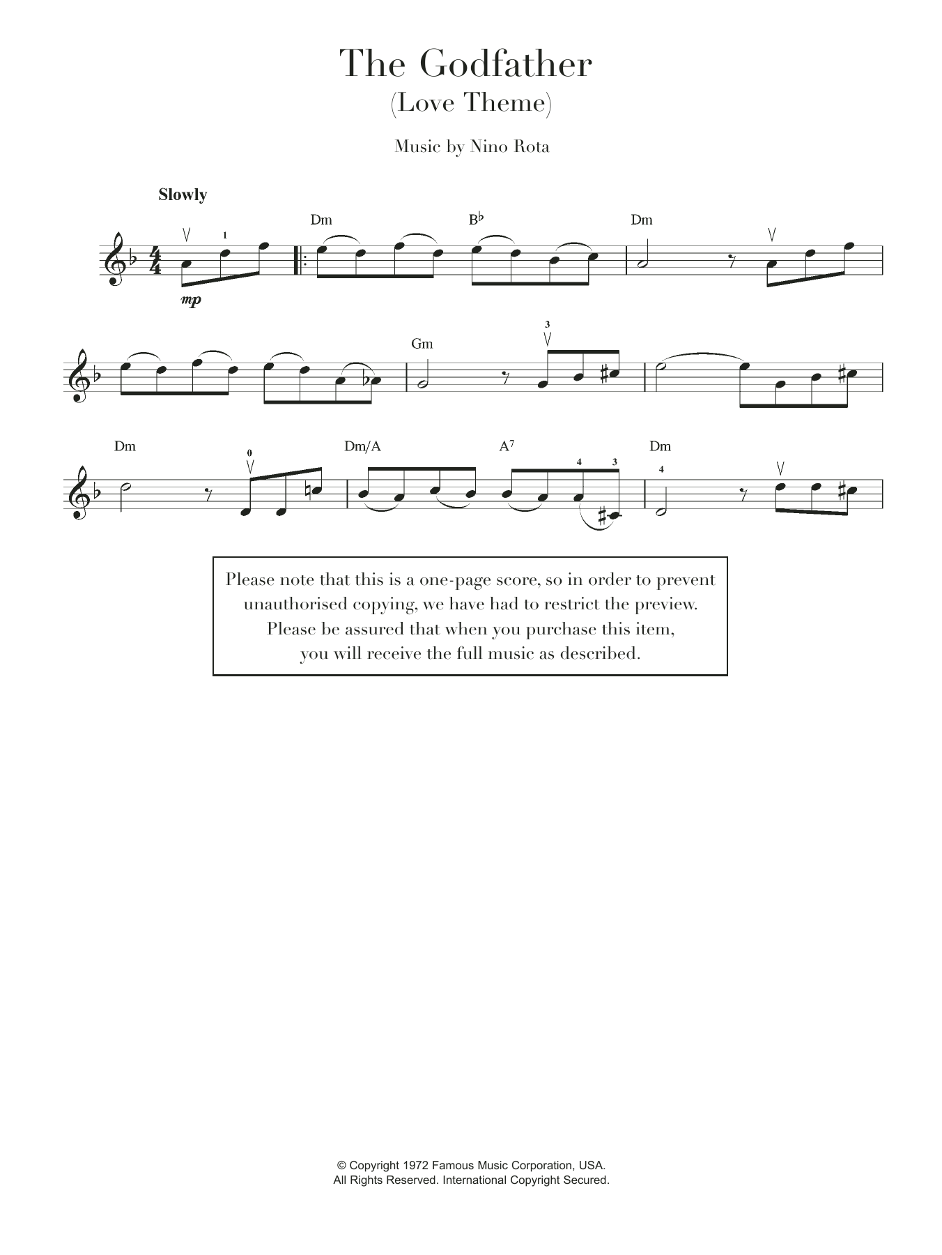 Nino Rota Theme from The Godfather Sheet Music Notes & Chords for Violin - Download or Print PDF