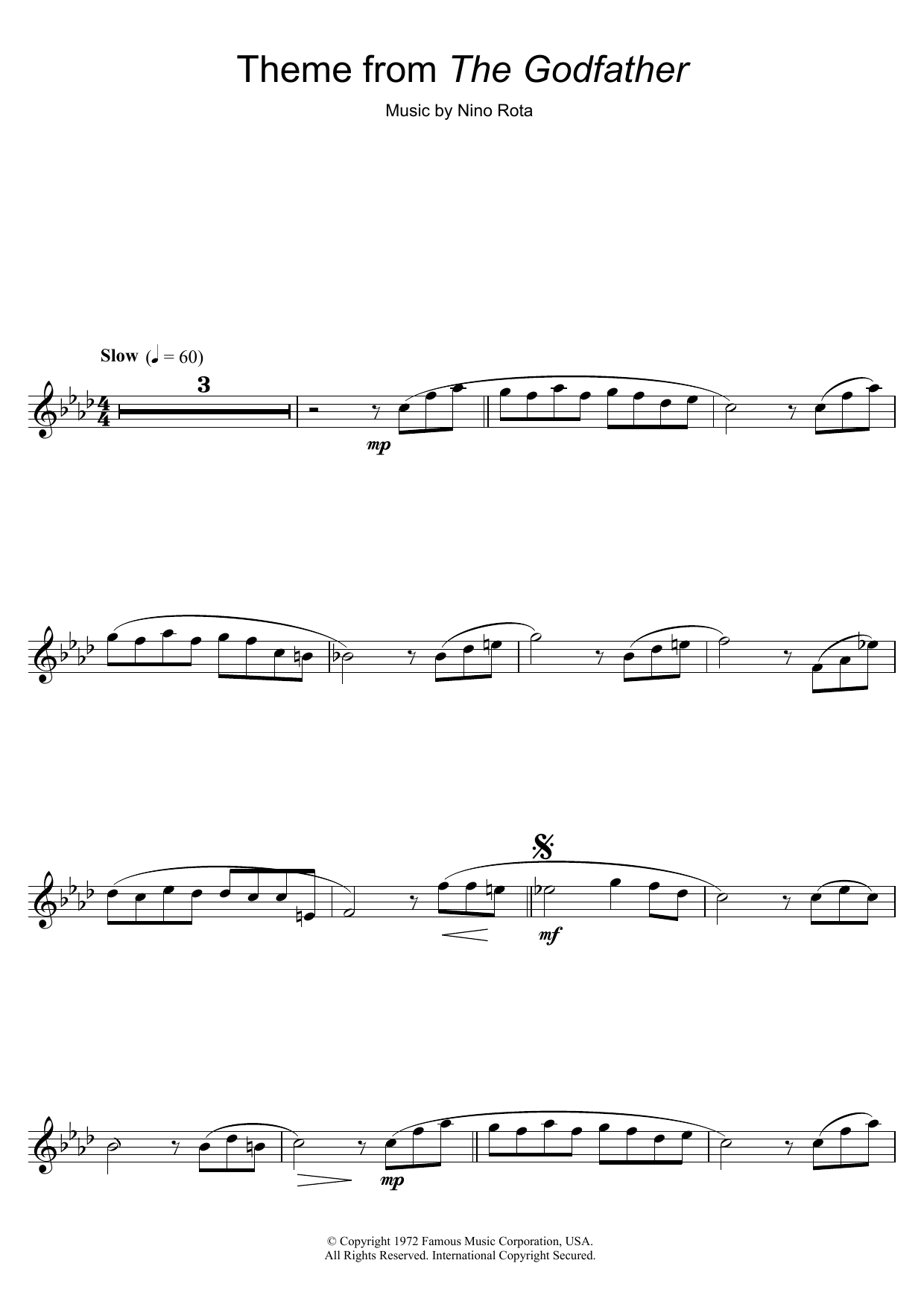 Nino Rota Theme from The Godfather Sheet Music Notes & Chords for Violin - Download or Print PDF