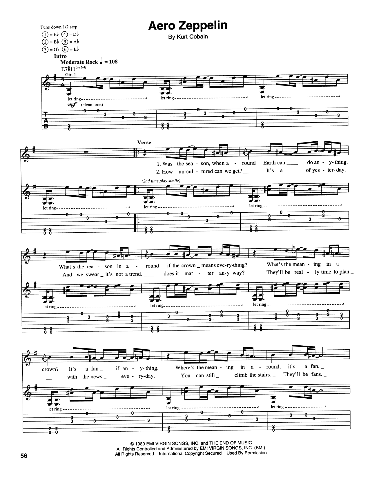 Nirvana Aero Zeppelin Sheet Music Notes & Chords for Piano, Vocal & Guitar Chords (Right-Hand Melody) - Download or Print PDF