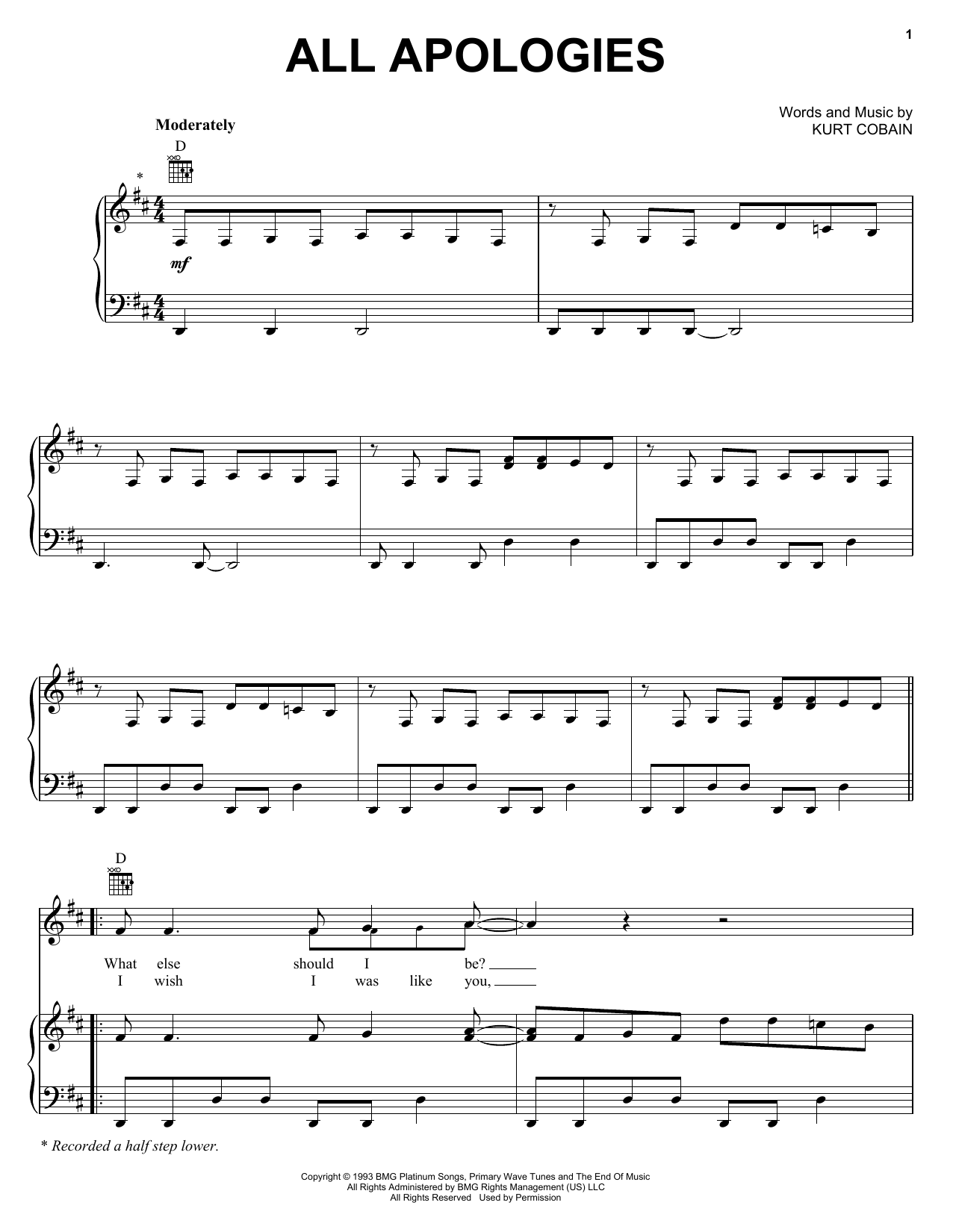 Nirvana All Apologies Sheet Music Notes & Chords for Bass Guitar Tab - Download or Print PDF