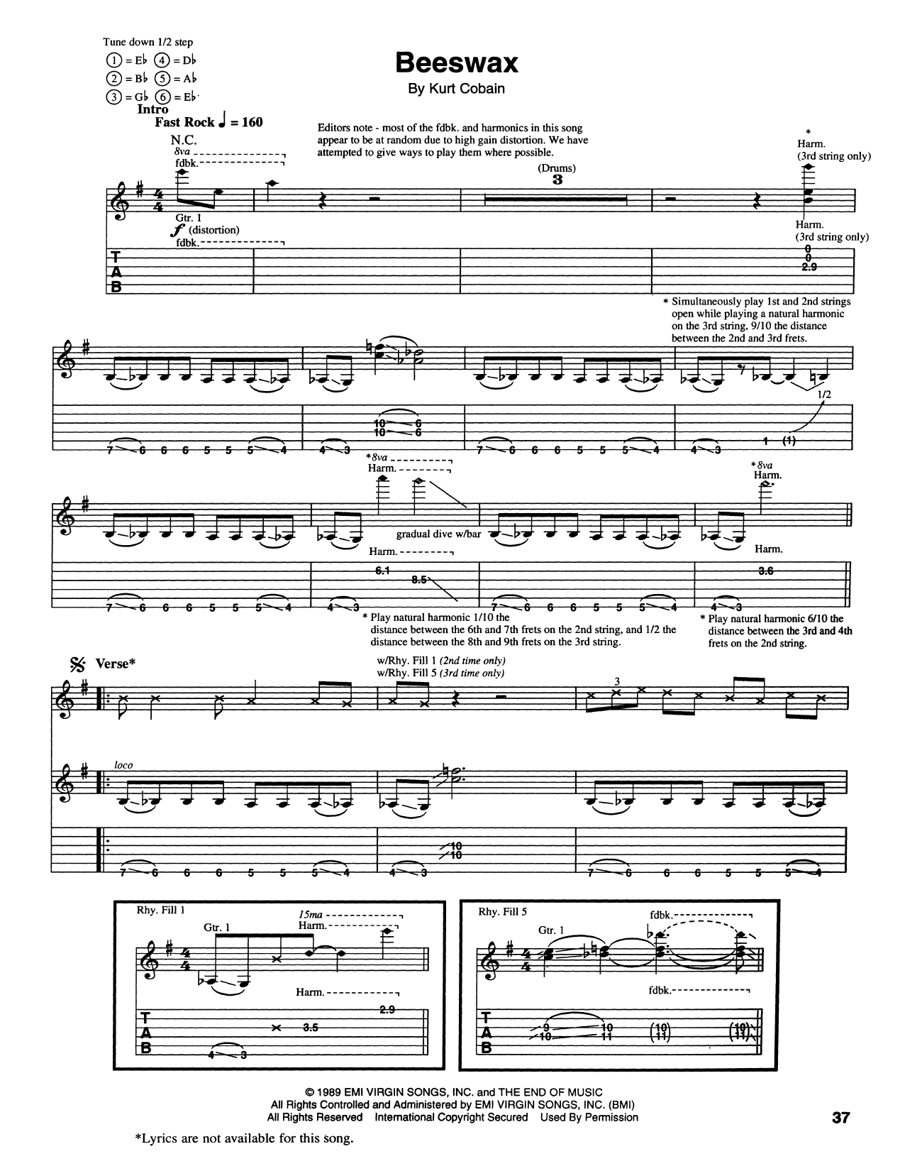 Nirvana Beeswax Sheet Music Notes & Chords for Guitar Tab - Download or Print PDF