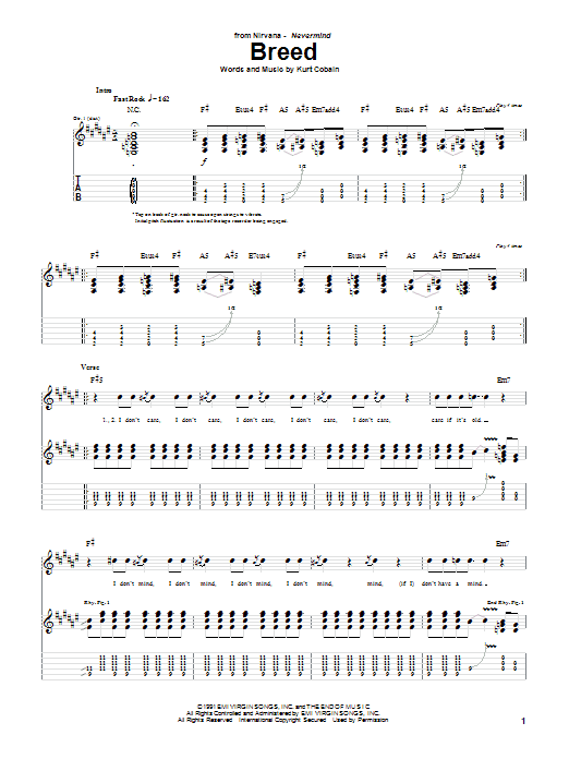 Nirvana Breed Sheet Music Notes & Chords for Guitar Tab - Download or Print PDF