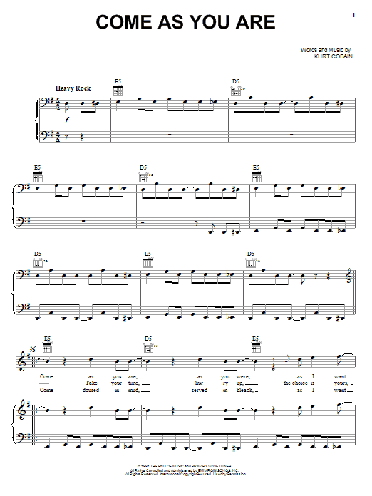 Nirvana Come As You Are Sheet Music Notes & Chords for Guitar Chords/Lyrics - Download or Print PDF