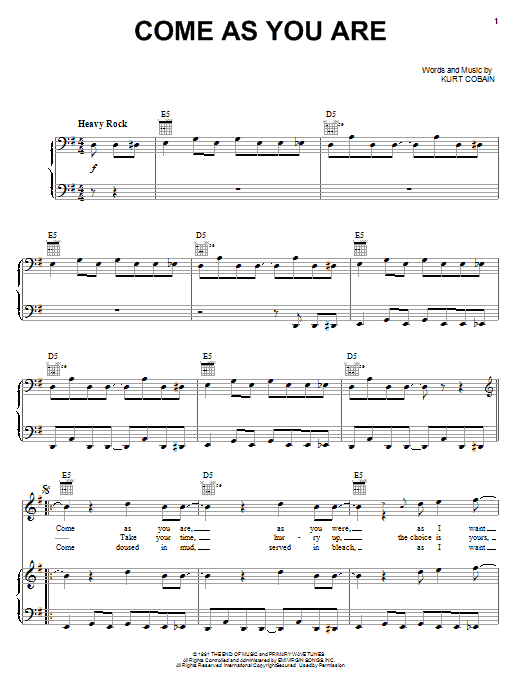 Nirvana Come As You Are Sheet Music Notes & Chords for Bass Voice - Download or Print PDF