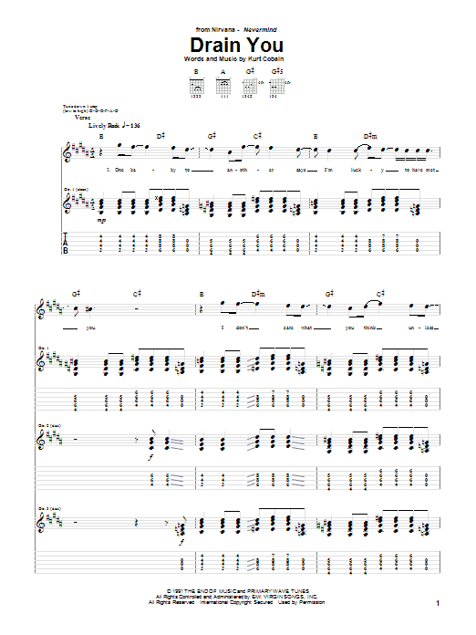 Nirvana Drain You Sheet Music Notes & Chords for Easy Guitar Tab - Download or Print PDF