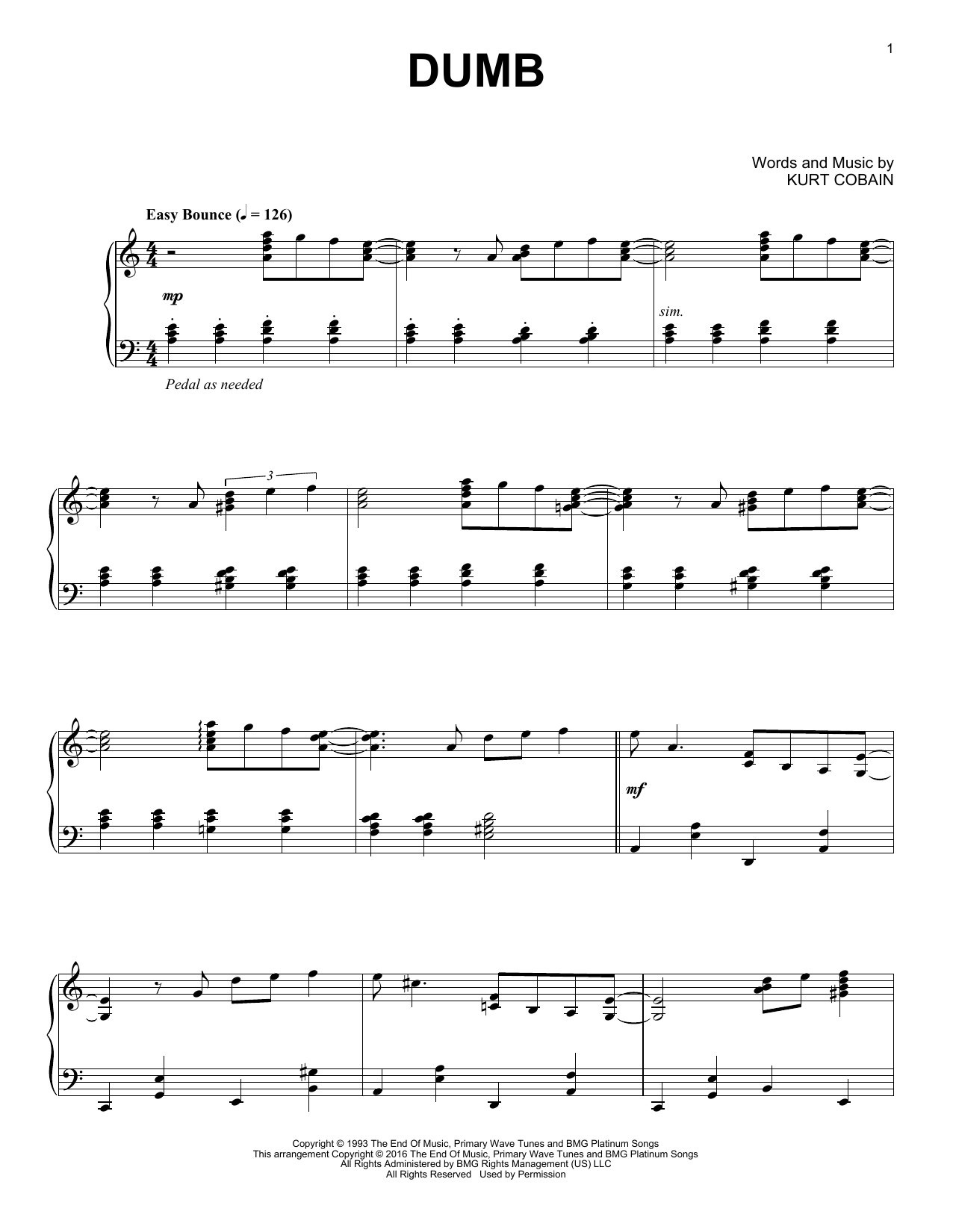 Nirvana Dumb [Jazz version] Sheet Music Notes & Chords for Piano - Download or Print PDF