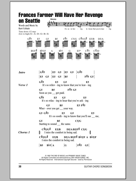 Nirvana Frances Farmer Will Have Her Revenge On Seattle Sheet Music Notes & Chords for Piano, Vocal & Guitar Chords (Right-Hand Melody) - Download or Print PDF