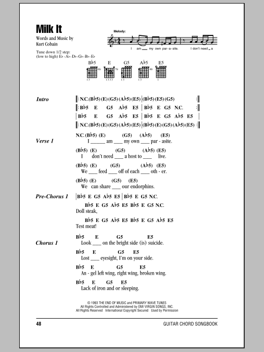 Nirvana Milk It Sheet Music Notes & Chords for Piano, Vocal & Guitar Chords (Right-Hand Melody) - Download or Print PDF