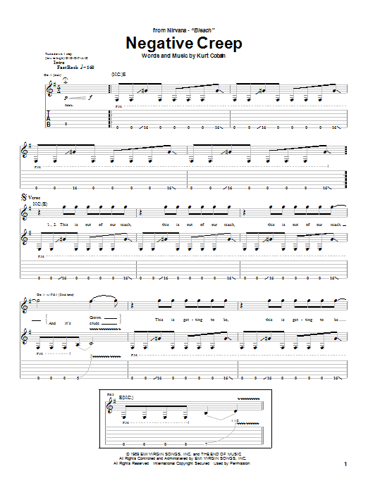 Nirvana Negative Creep Sheet Music Notes & Chords for Guitar Tab - Download or Print PDF