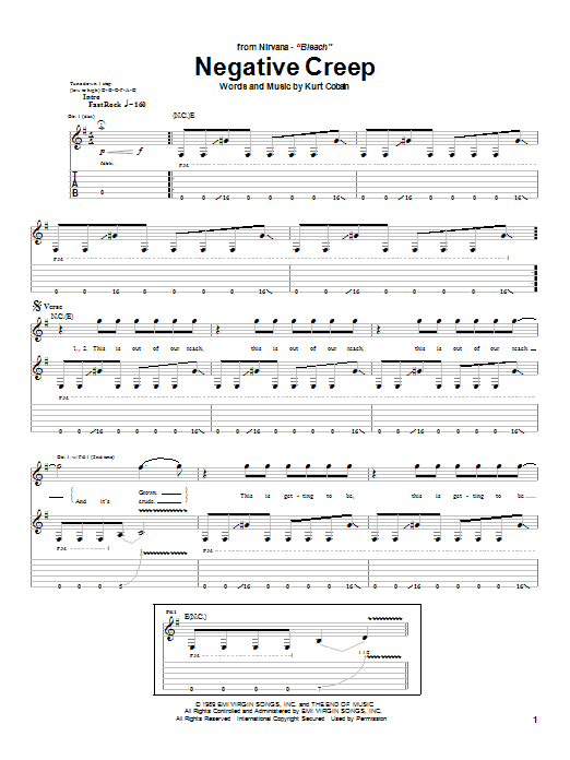 Nirvana Negative Creep Sheet Music Notes & Chords for Piano, Vocal & Guitar Chords (Right-Hand Melody) - Download or Print PDF