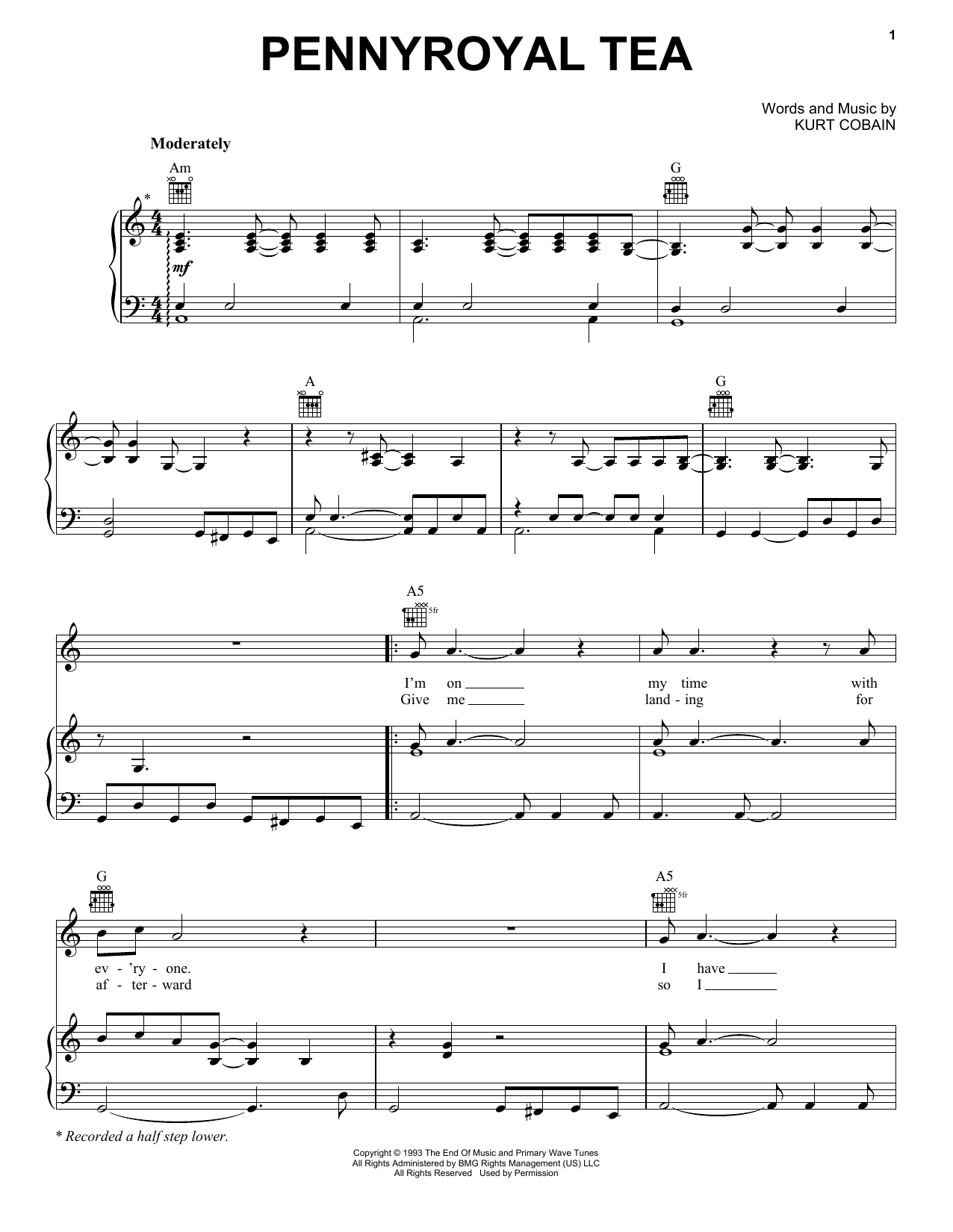 Nirvana Penny Royal Tea Sheet Music Notes & Chords for Piano, Vocal & Guitar (Right-Hand Melody) - Download or Print PDF
