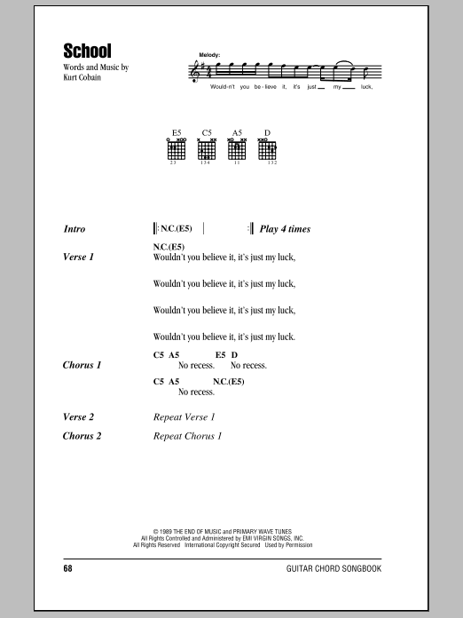 Nirvana School Sheet Music Notes & Chords for Piano, Vocal & Guitar (Right-Hand Melody) - Download or Print PDF