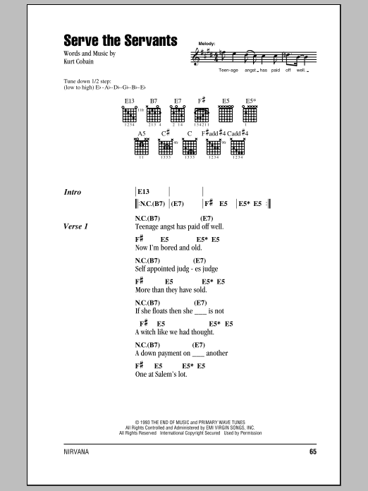Nirvana Serve The Servants Sheet Music Notes & Chords for Piano, Vocal & Guitar (Right-Hand Melody) - Download or Print PDF