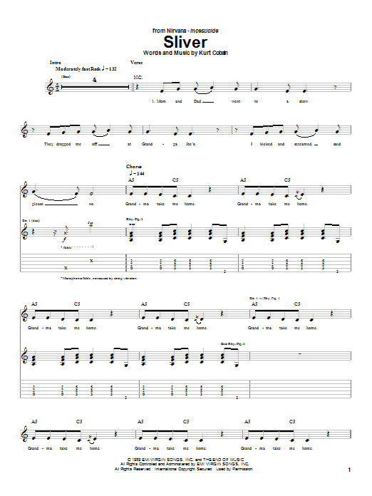 Nirvana Sliver Sheet Music Notes & Chords for Piano, Vocal & Guitar Chords (Right-Hand Melody) - Download or Print PDF